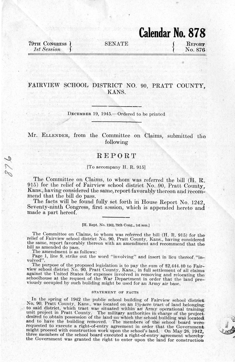 Memorandum from Frederick J. Bailey to M. C. Latta, H.R. 915, For the Relief of Fairview School District Numbered 90, Pratt County, Kansas, with Attachments