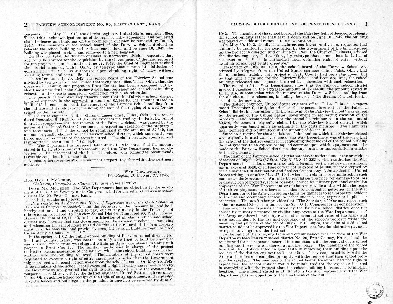 Memorandum from Frederick J. Bailey to M. C. Latta, H.R. 915, For the Relief of Fairview School District Numbered 90, Pratt County, Kansas, with Attachments