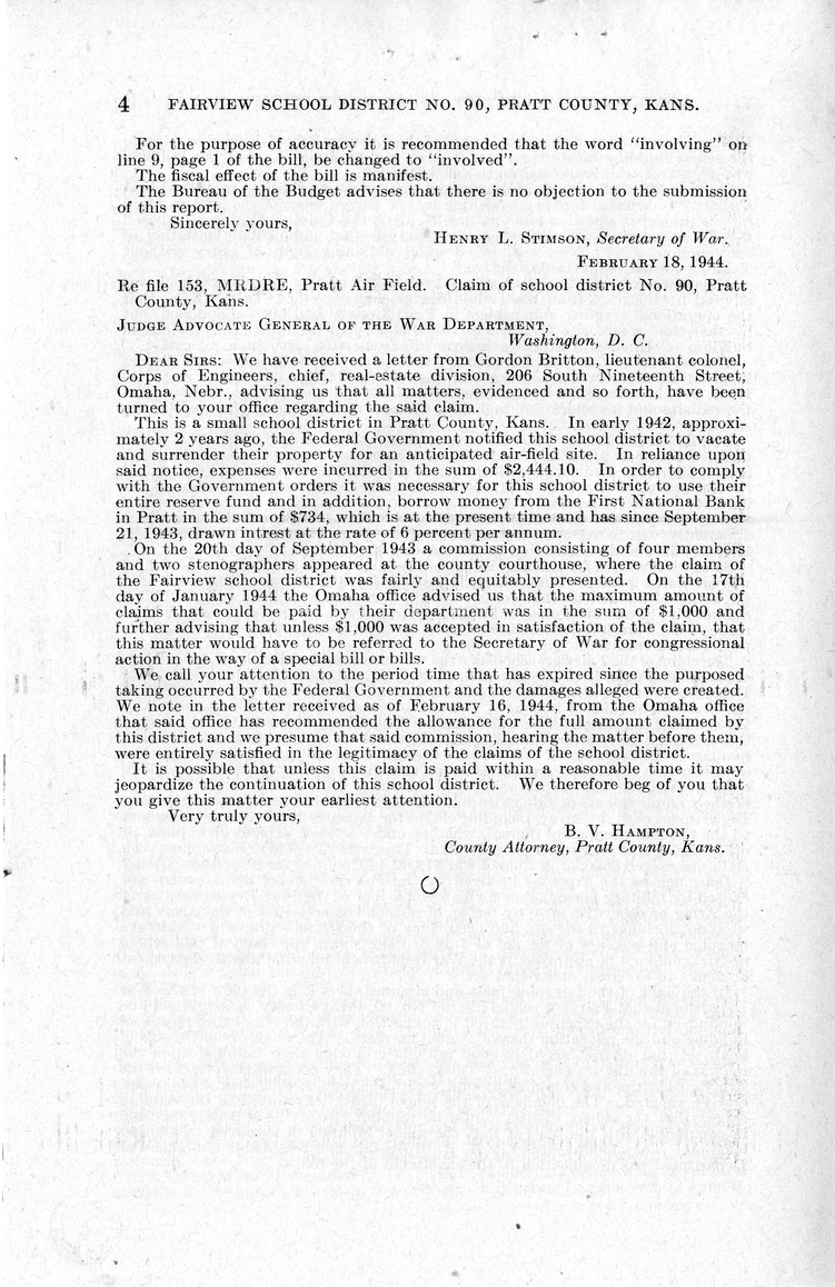 Memorandum from Frederick J. Bailey to M. C. Latta, H.R. 915, For the Relief of Fairview School District Numbered 90, Pratt County, Kansas, with Attachments