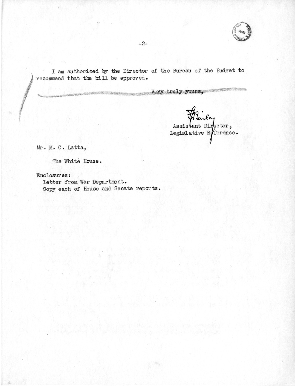 Memorandum from Frederick J. Bailey to M. C. Latta, H.R. 919, For the Relief of Gladys Elvira Maurer, with Attachments