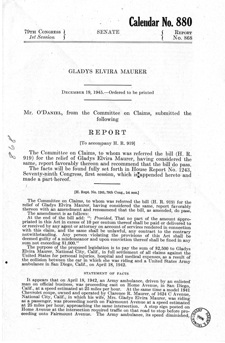 Memorandum from Frederick J. Bailey to M. C. Latta, H.R. 919, For the Relief of Gladys Elvira Maurer, with Attachments