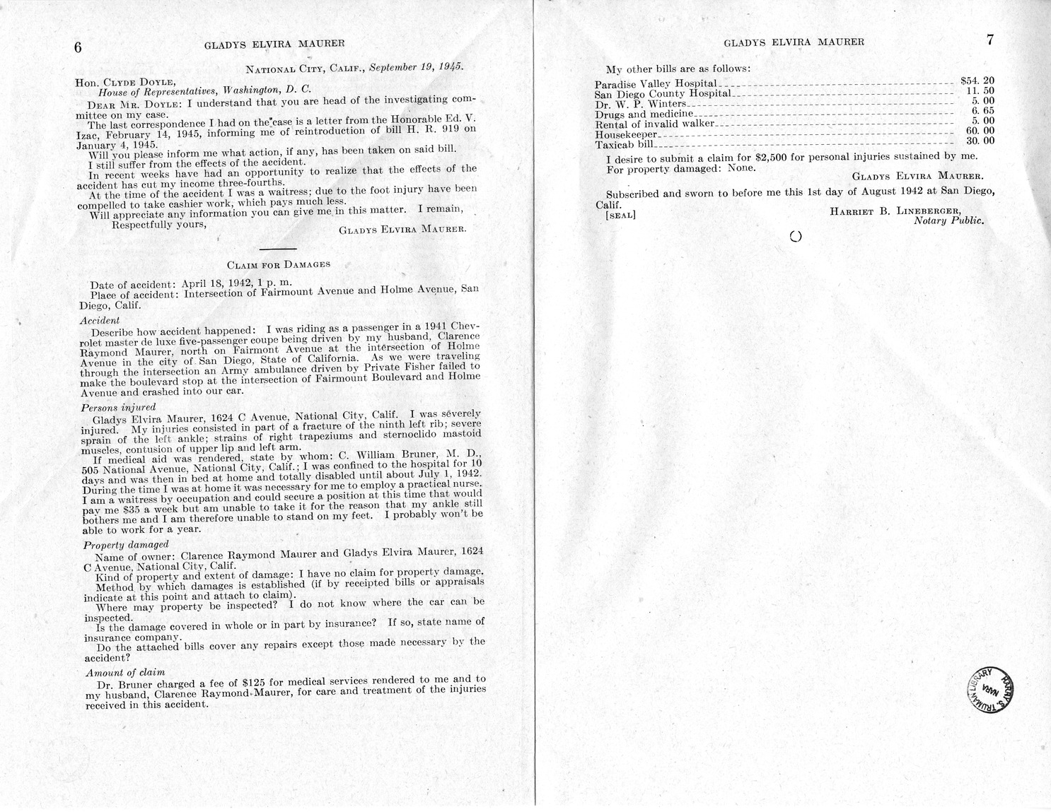Memorandum from Frederick J. Bailey to M. C. Latta, H.R. 919, For the Relief of Gladys Elvira Maurer, with Attachments