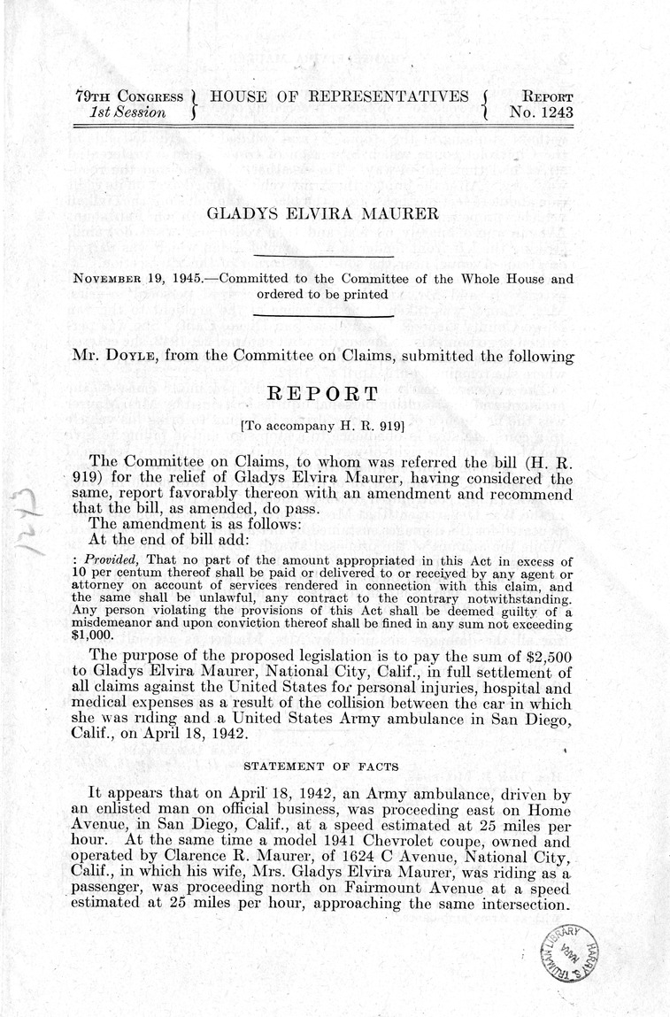 Memorandum from Frederick J. Bailey to M. C. Latta, H.R. 919, For the Relief of Gladys Elvira Maurer, with Attachments