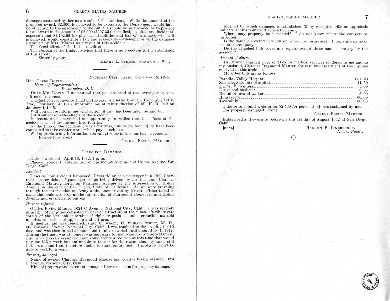 Memorandum from Frederick J. Bailey to M. C. Latta, H.R. 919, For the Relief of Gladys Elvira Maurer, with Attachments