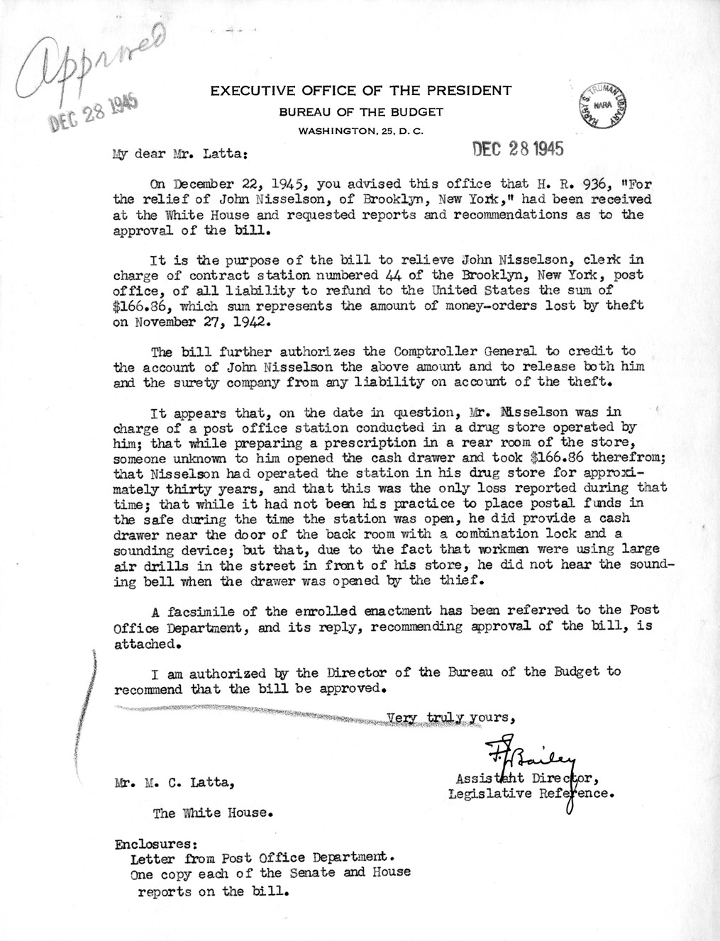 Memorandum from Frederick J. Bailey to M. C. Latta, H.R. 936, For the Relief of John Nisselson, of Brooklyn, New York, with Attachments