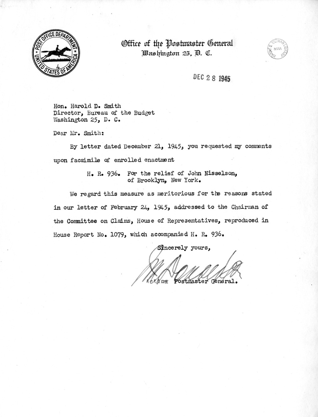 Memorandum from Frederick J. Bailey to M. C. Latta, H.R. 936, For the Relief of John Nisselson, of Brooklyn, New York, with Attachments