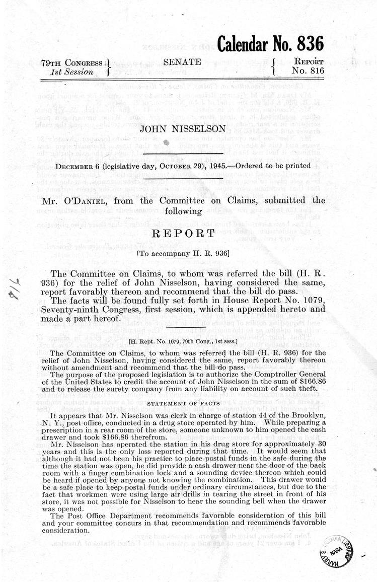 Memorandum from Frederick J. Bailey to M. C. Latta, H.R. 936, For the Relief of John Nisselson, of Brooklyn, New York, with Attachments