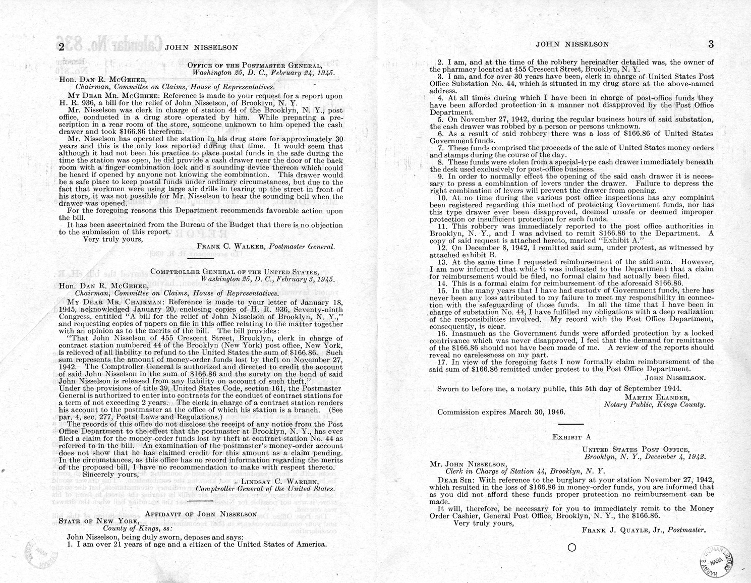Memorandum from Frederick J. Bailey to M. C. Latta, H.R. 936, For the Relief of John Nisselson, of Brooklyn, New York, with Attachments