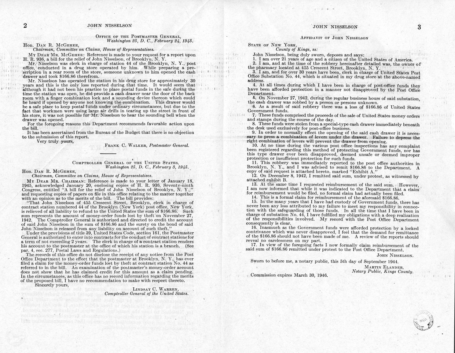 Memorandum from Frederick J. Bailey to M. C. Latta, H.R. 936, For the Relief of John Nisselson, of Brooklyn, New York, with Attachments