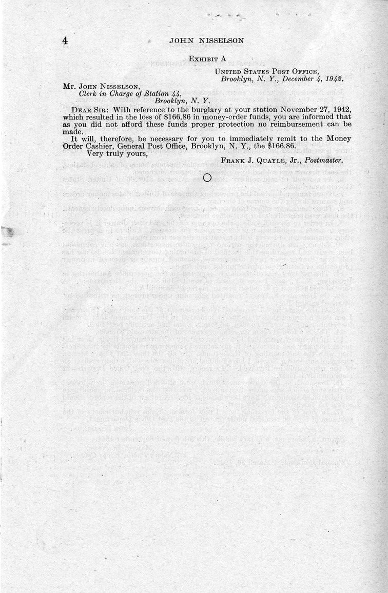 Memorandum from Frederick J. Bailey to M. C. Latta, H.R. 936, For the Relief of John Nisselson, of Brooklyn, New York, with Attachments