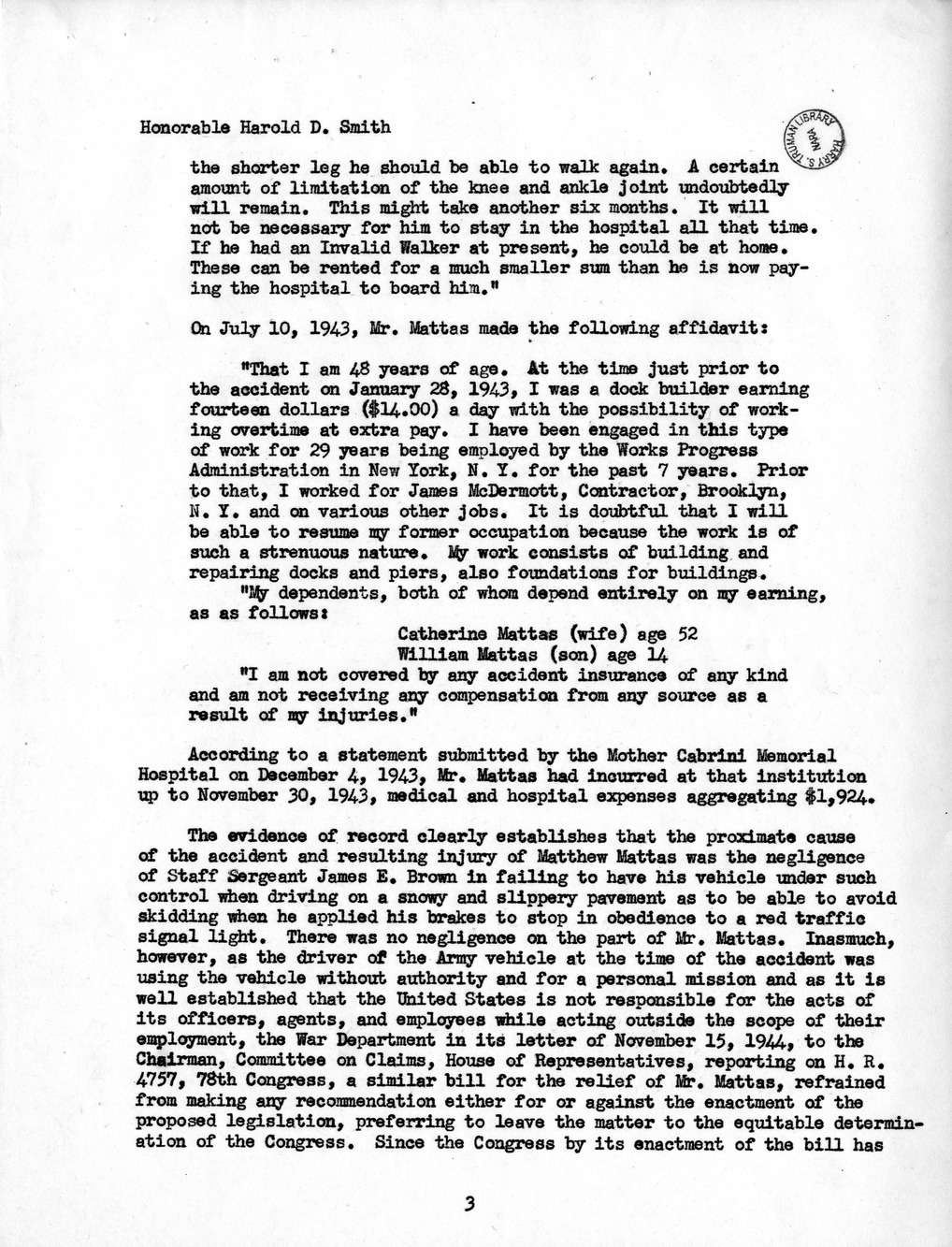 Memorandum from Frederick J. Bailey to M. C. Latta, H.R. 1031, For the Relief of Matthew Mattas, with Attachments