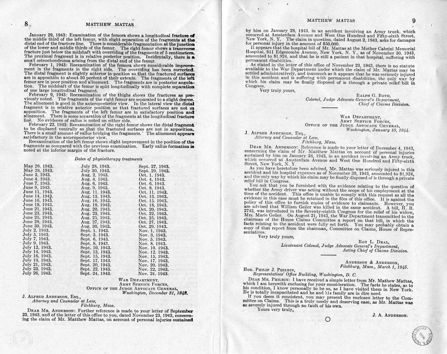 Memorandum from Frederick J. Bailey to M. C. Latta, H.R. 1031, For the Relief of Matthew Mattas, with Attachments