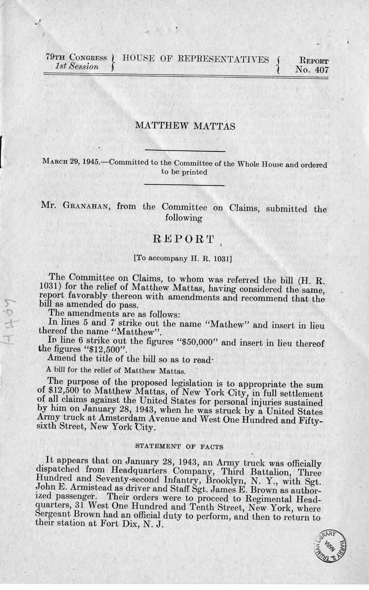 Memorandum from Frederick J. Bailey to M. C. Latta, H.R. 1031, For the Relief of Matthew Mattas, with Attachments