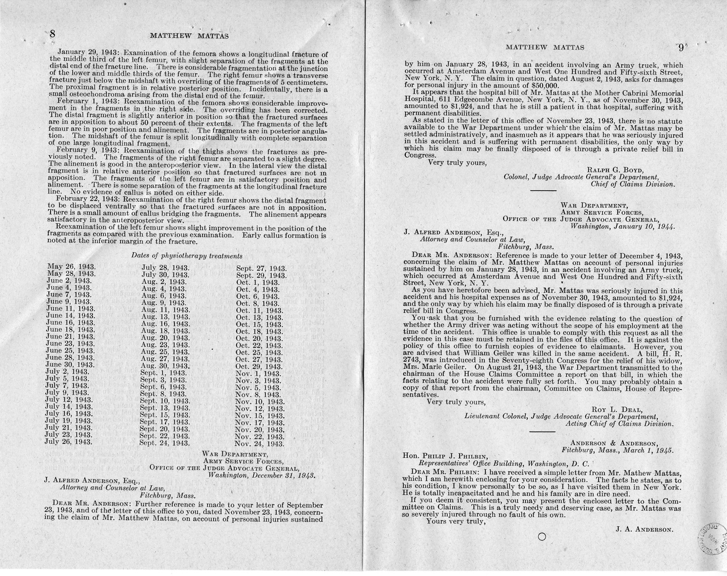 Memorandum from Frederick J. Bailey to M. C. Latta, H.R. 1031, For the Relief of Matthew Mattas, with Attachments