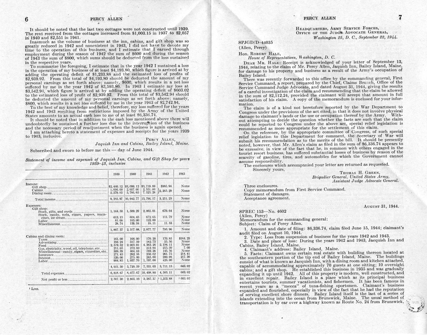 Memorandum from Frederick J. Bailey to M. C. Latta, H.R. 1234, For the Relief of Percy Allen, with Attachments