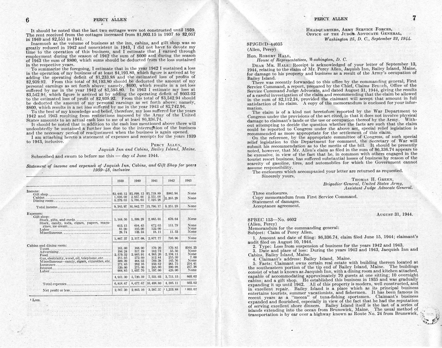 Memorandum from Frederick J. Bailey to M. C. Latta, H.R. 1234, For the Relief of Percy Allen, with Attachments