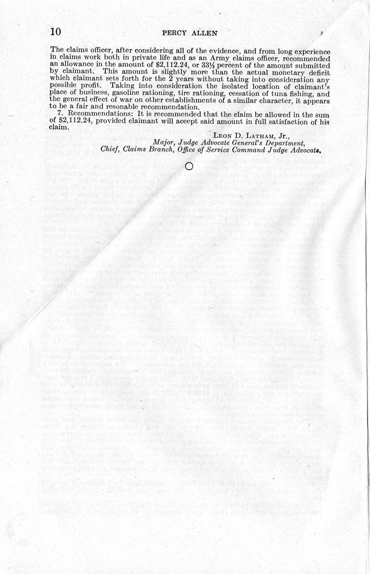Memorandum from Frederick J. Bailey to M. C. Latta, H.R. 1234, For the Relief of Percy Allen, with Attachments