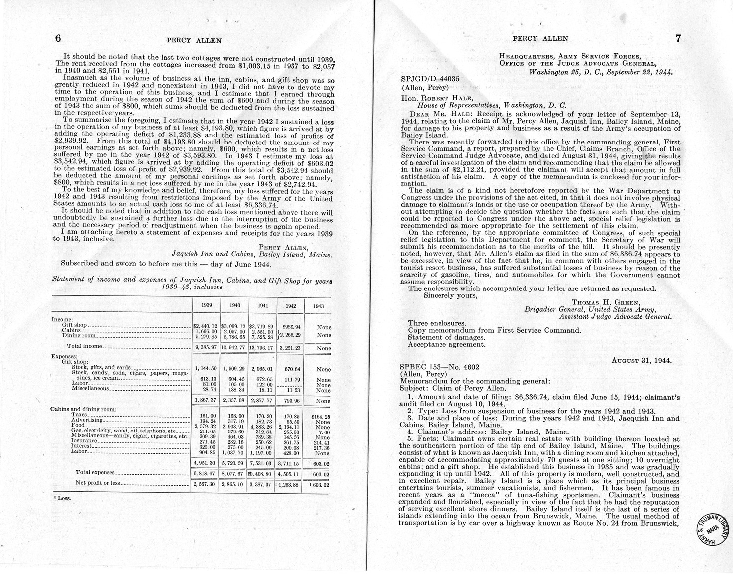 Memorandum from Frederick J. Bailey to M. C. Latta, H.R. 1234, For the Relief of Percy Allen, with Attachments