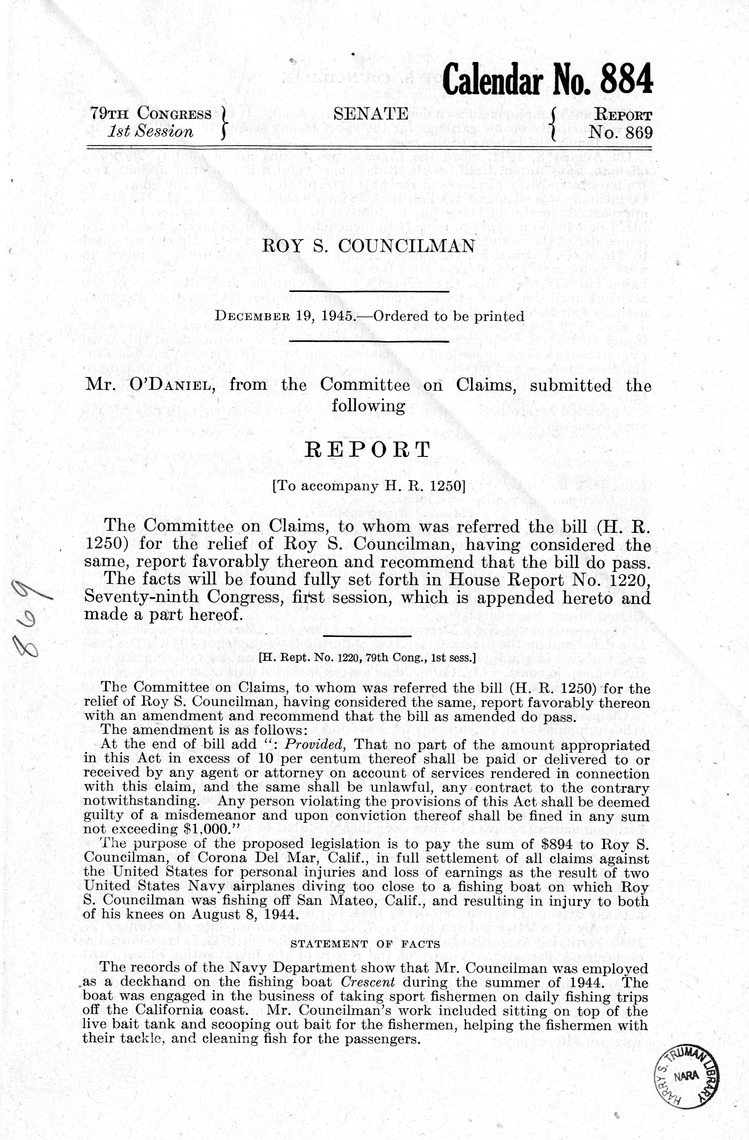 Memorandum from Frederick J. Bailey to M. C. Latta, H.R. 1250, For the Relief of Roy S. Councilman, with Attachments