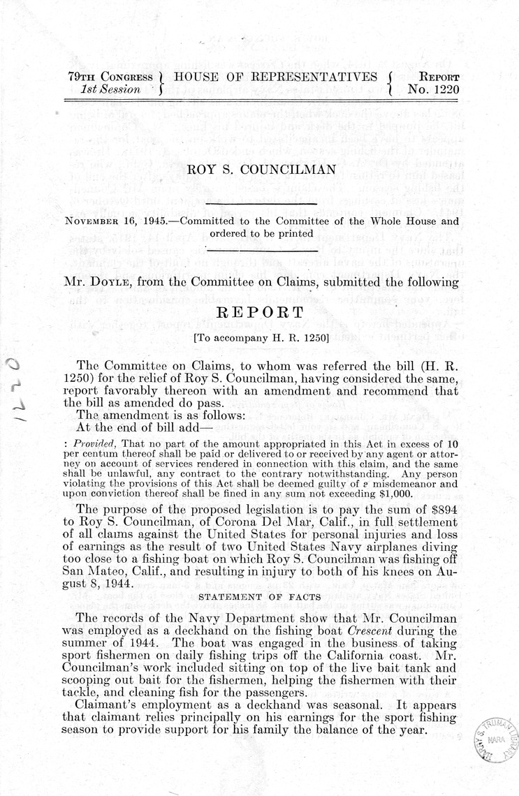 Memorandum from Frederick J. Bailey to M. C. Latta, H.R. 1250, For the Relief of Roy S. Councilman, with Attachments