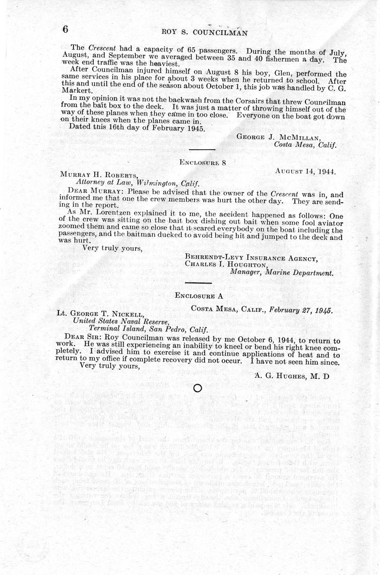 Memorandum from Frederick J. Bailey to M. C. Latta, H.R. 1250, For the Relief of Roy S. Councilman, with Attachments