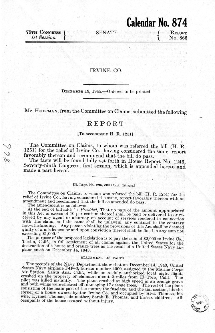 Memorandum from Frederick J. Bailey to M. C. Latta, H.R. 1251, For the Relief of the Irvine Company, with Attachments