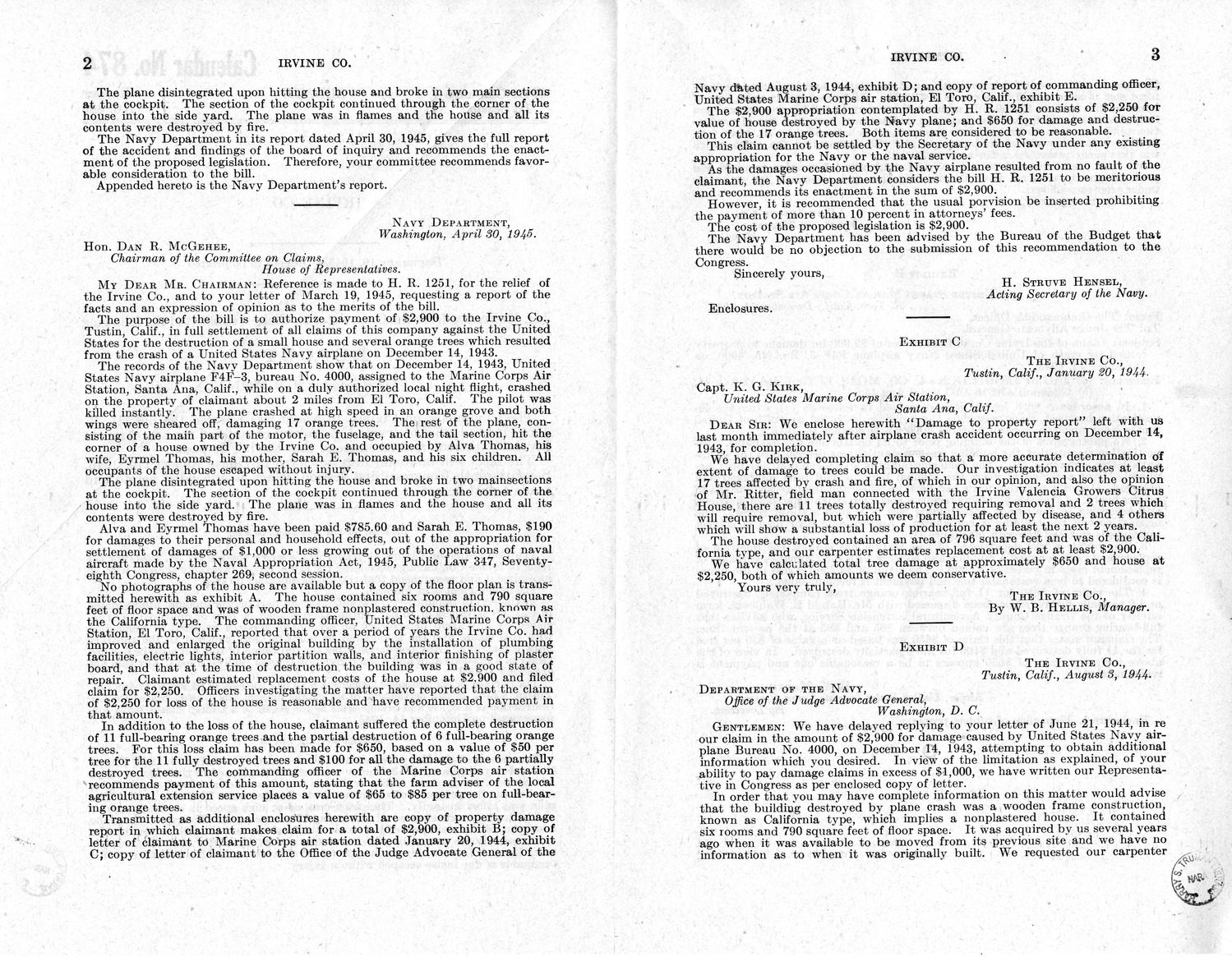 Memorandum from Frederick J. Bailey to M. C. Latta, H.R. 1251, For the Relief of the Irvine Company, with Attachments
