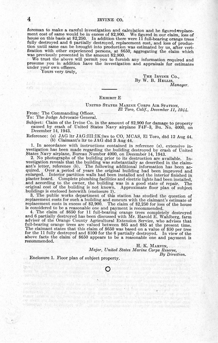 Memorandum from Frederick J. Bailey to M. C. Latta, H.R. 1251, For the Relief of the Irvine Company, with Attachments