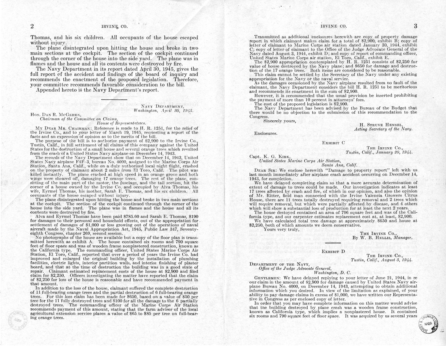 Memorandum from Frederick J. Bailey to M. C. Latta, H.R. 1251, For the Relief of the Irvine Company, with Attachments