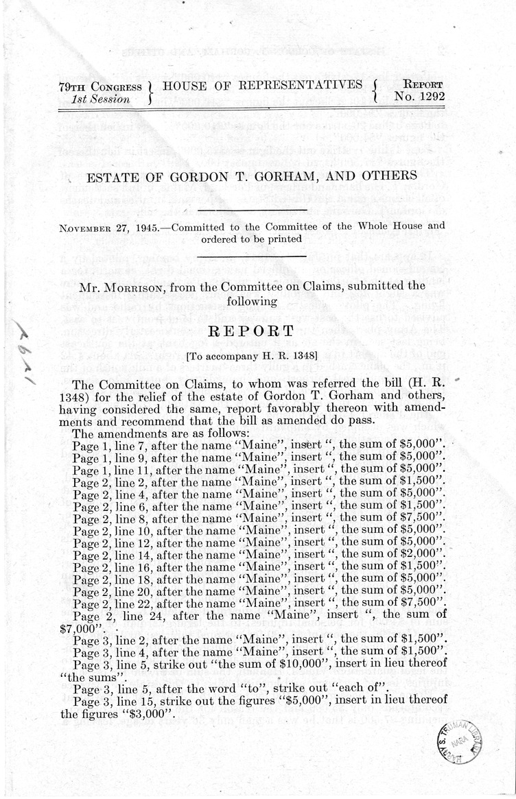 Memorandum from Frederick J. Bailey to M. C. Latta, H.R. 1348, For the Relief of the Estate of Gordon T. Gorham, and Others, with Attachments