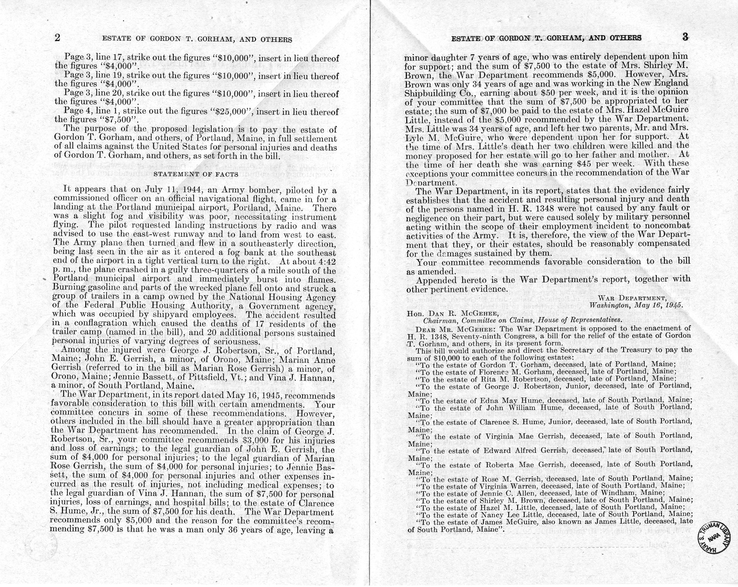 Memorandum from Frederick J. Bailey to M. C. Latta, H.R. 1348, For the Relief of the Estate of Gordon T. Gorham, and Others, with Attachments