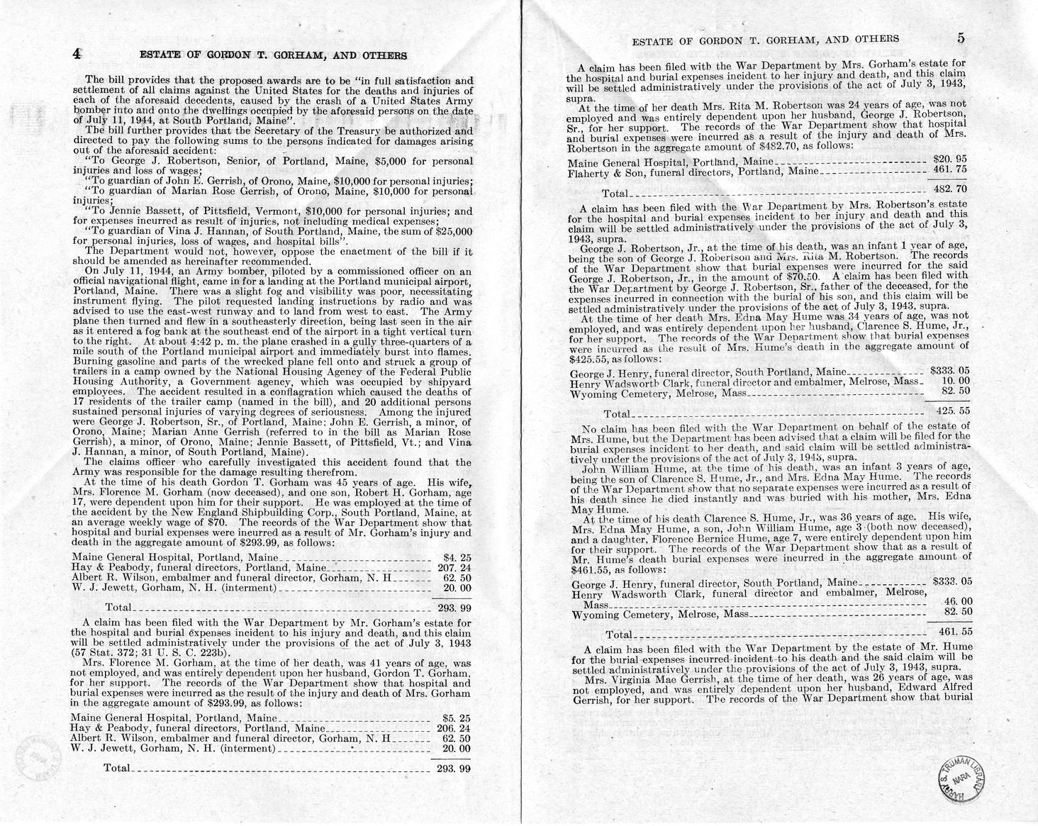 Memorandum from Frederick J. Bailey to M. C. Latta, H.R. 1348, For the Relief of the Estate of Gordon T. Gorham, and Others, with Attachments