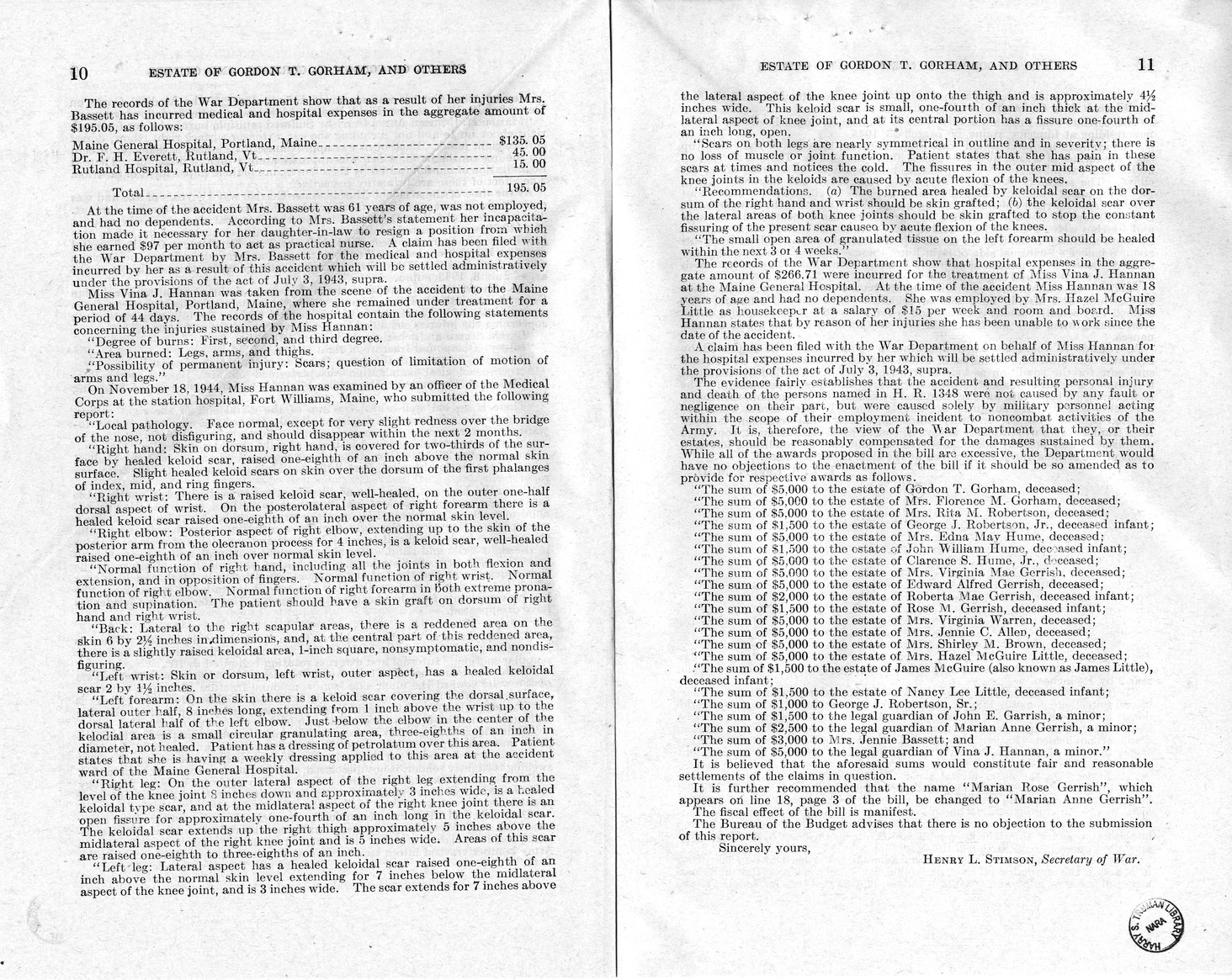 Memorandum from Frederick J. Bailey to M. C. Latta, H.R. 1348, For the Relief of the Estate of Gordon T. Gorham, and Others, with Attachments