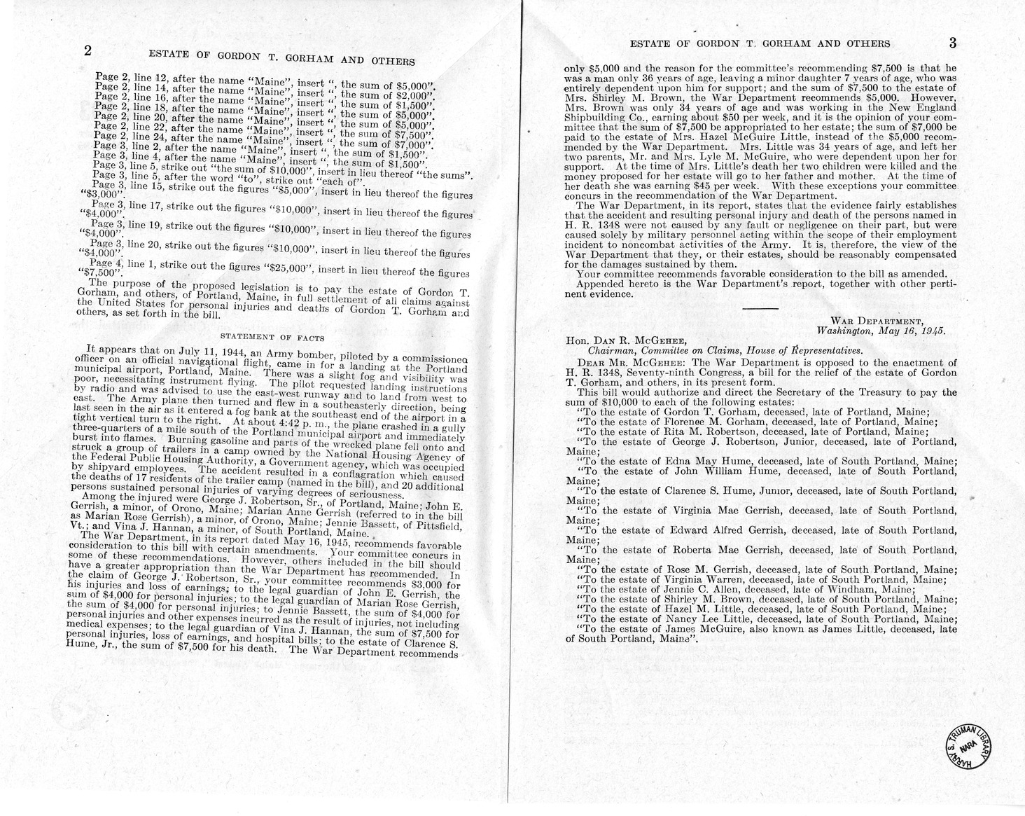 Memorandum from Frederick J. Bailey to M. C. Latta, H.R. 1348, For the Relief of the Estate of Gordon T. Gorham, and Others, with Attachments