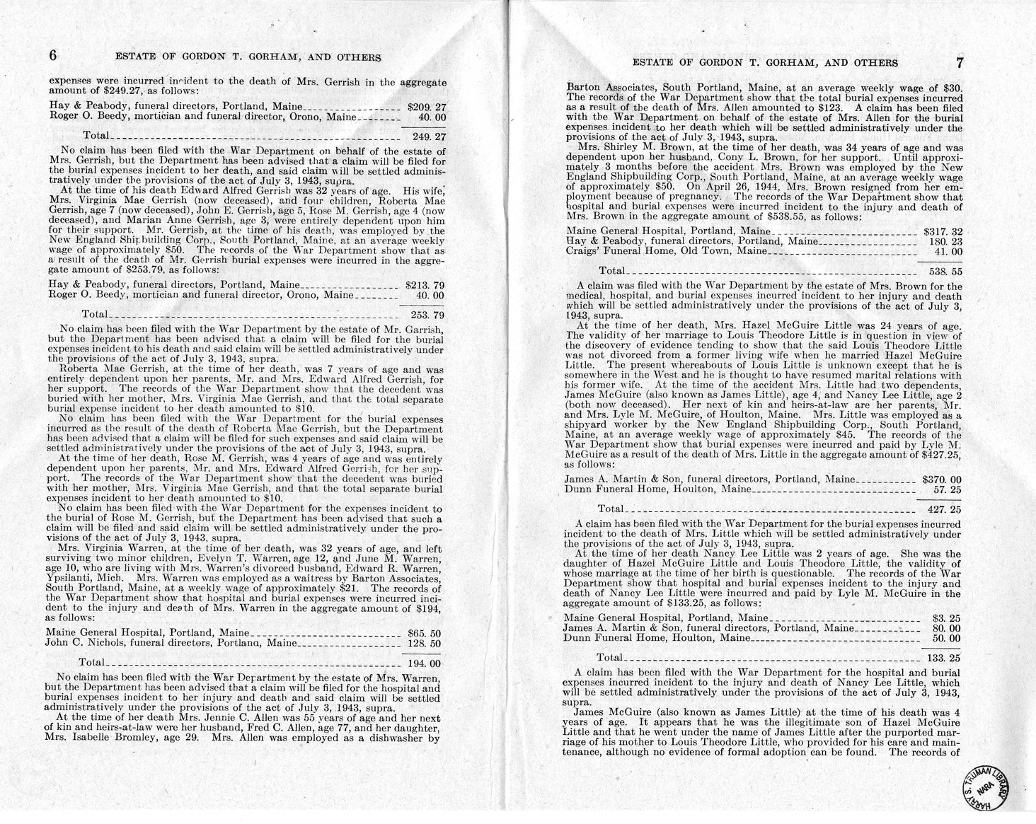 Memorandum from Frederick J. Bailey to M. C. Latta, H.R. 1348, For the Relief of the Estate of Gordon T. Gorham, and Others, with Attachments