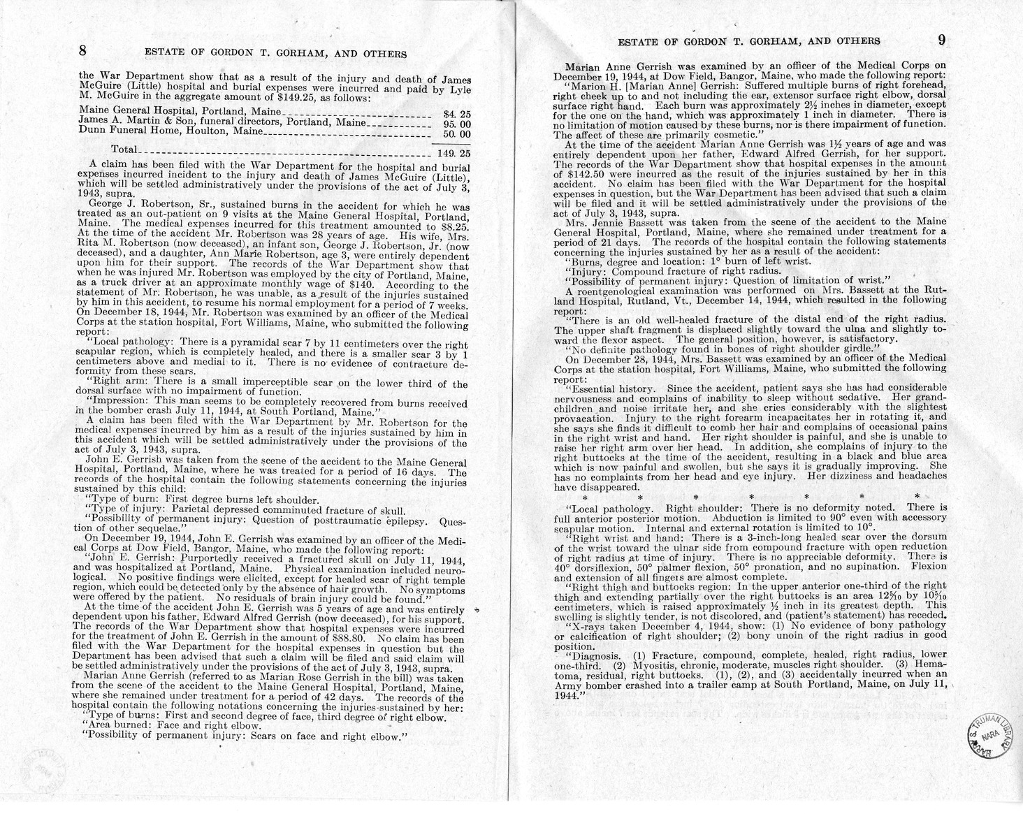 Memorandum from Frederick J. Bailey to M. C. Latta, H.R. 1348, For the Relief of the Estate of Gordon T. Gorham, and Others, with Attachments