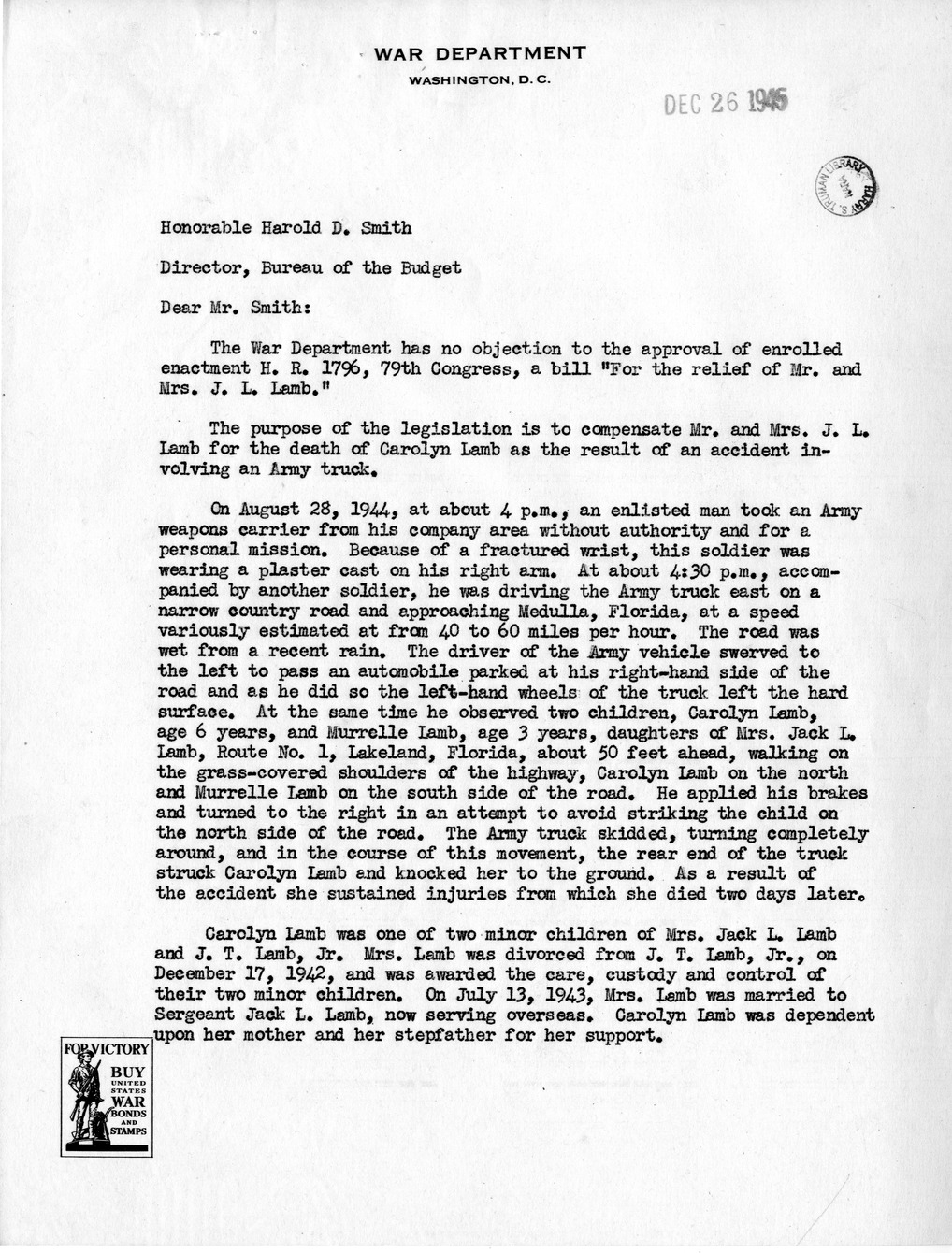 Memorandum from Frederick J. Bailey to M. C. Latta, H.R. 1796, For the Relief of Mr. and Mrs. J. L. Lamb, with Attachments