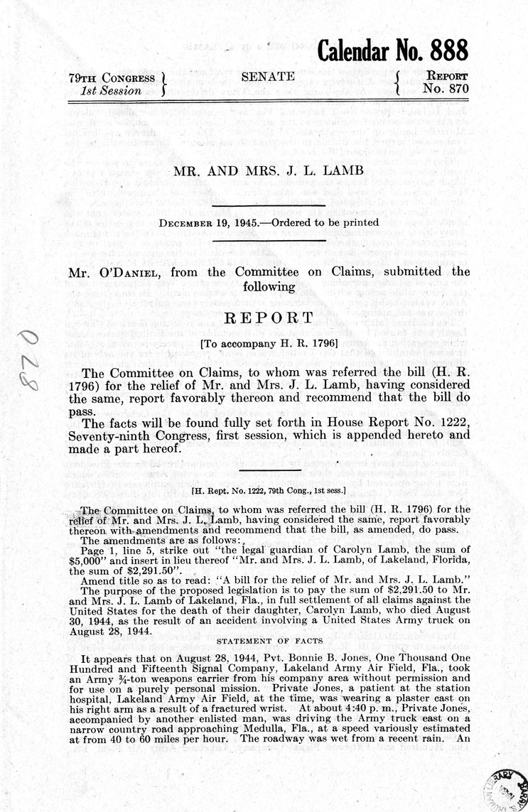 Memorandum from Frederick J. Bailey to M. C. Latta, H.R. 1796, For the Relief of Mr. and Mrs. J. L. Lamb, with Attachments