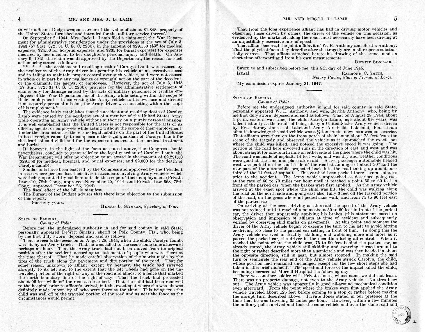 Memorandum from Frederick J. Bailey to M. C. Latta, H.R. 1796, For the Relief of Mr. and Mrs. J. L. Lamb, with Attachments