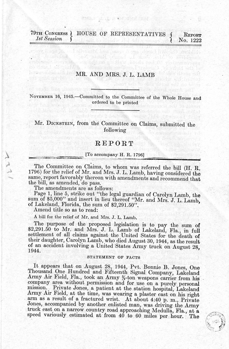 Memorandum from Frederick J. Bailey to M. C. Latta, H.R. 1796, For the Relief of Mr. and Mrs. J. L. Lamb, with Attachments