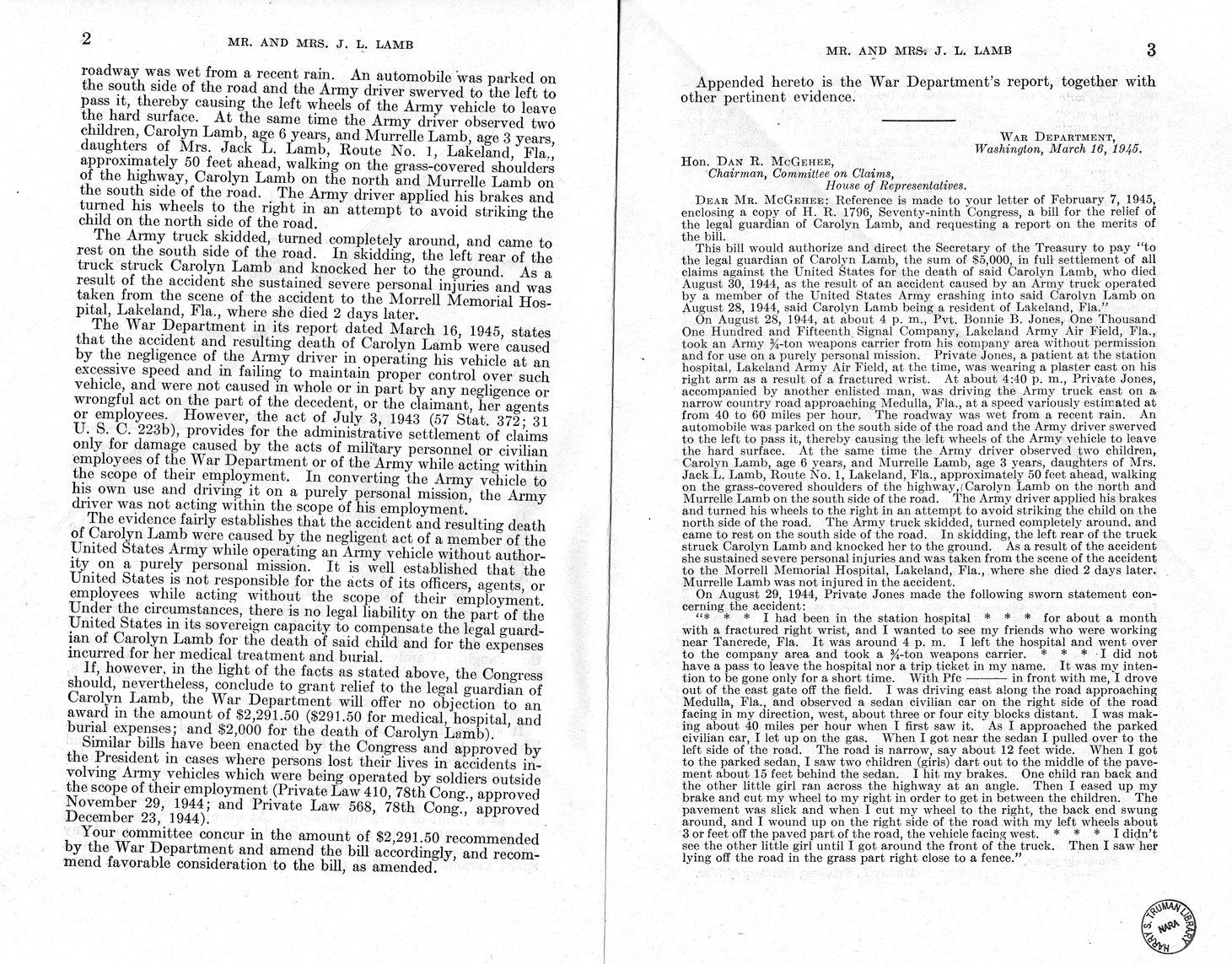 Memorandum from Frederick J. Bailey to M. C. Latta, H.R. 1796, For the Relief of Mr. and Mrs. J. L. Lamb, with Attachments