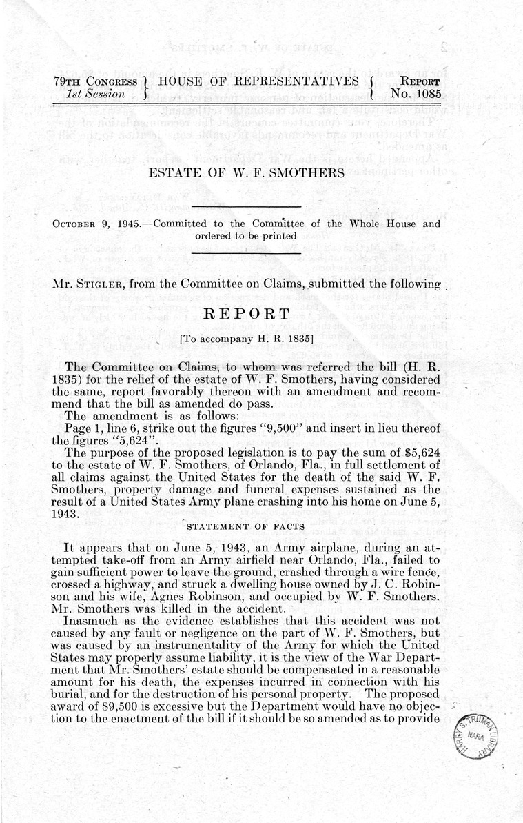 Memorandum from Frederick J. Bailey to M. C. Latta, H.R. 1835, For the Relief of the Estate of W. F. Smothers, with Attachments