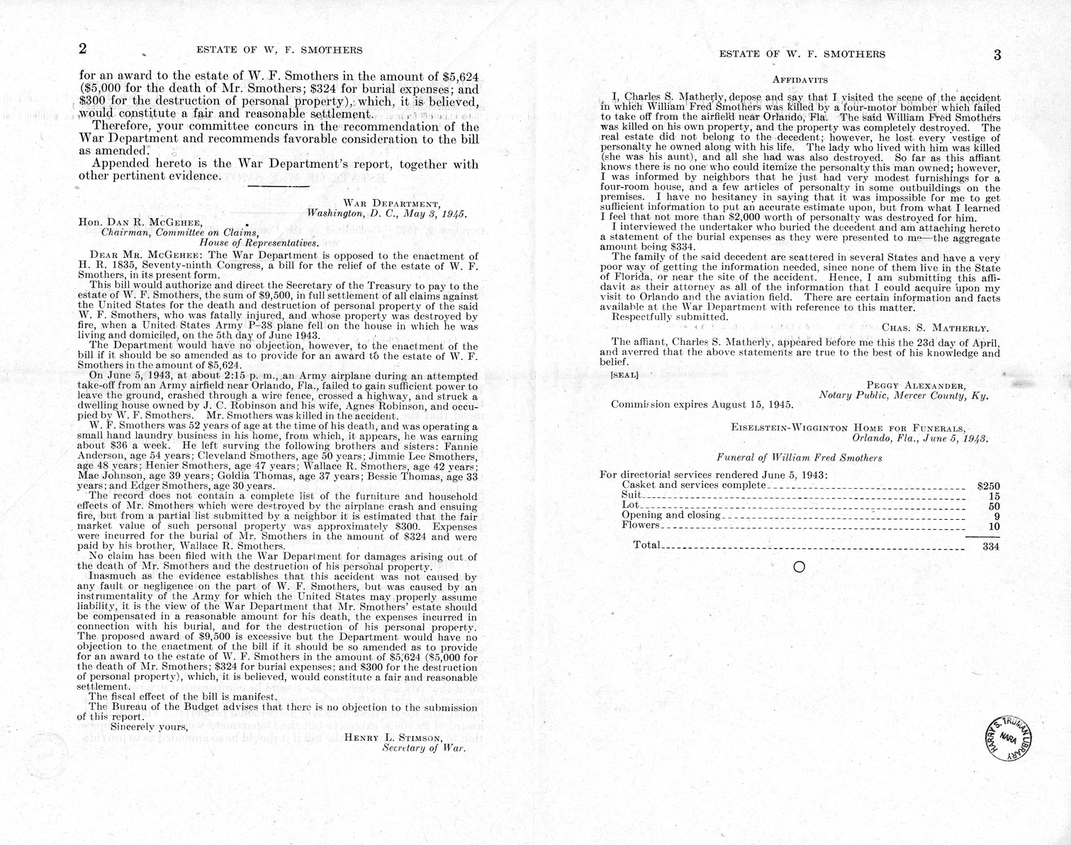 Memorandum from Frederick J. Bailey to M. C. Latta, H.R. 1835, For the Relief of the Estate of W. F. Smothers, with Attachments