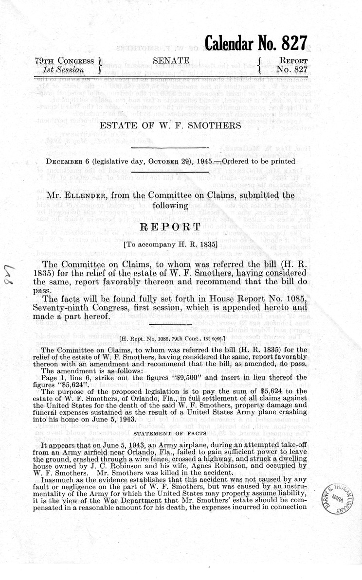 Memorandum from Frederick J. Bailey to M. C. Latta, H.R. 1835, For the Relief of the Estate of W. F. Smothers, with Attachments