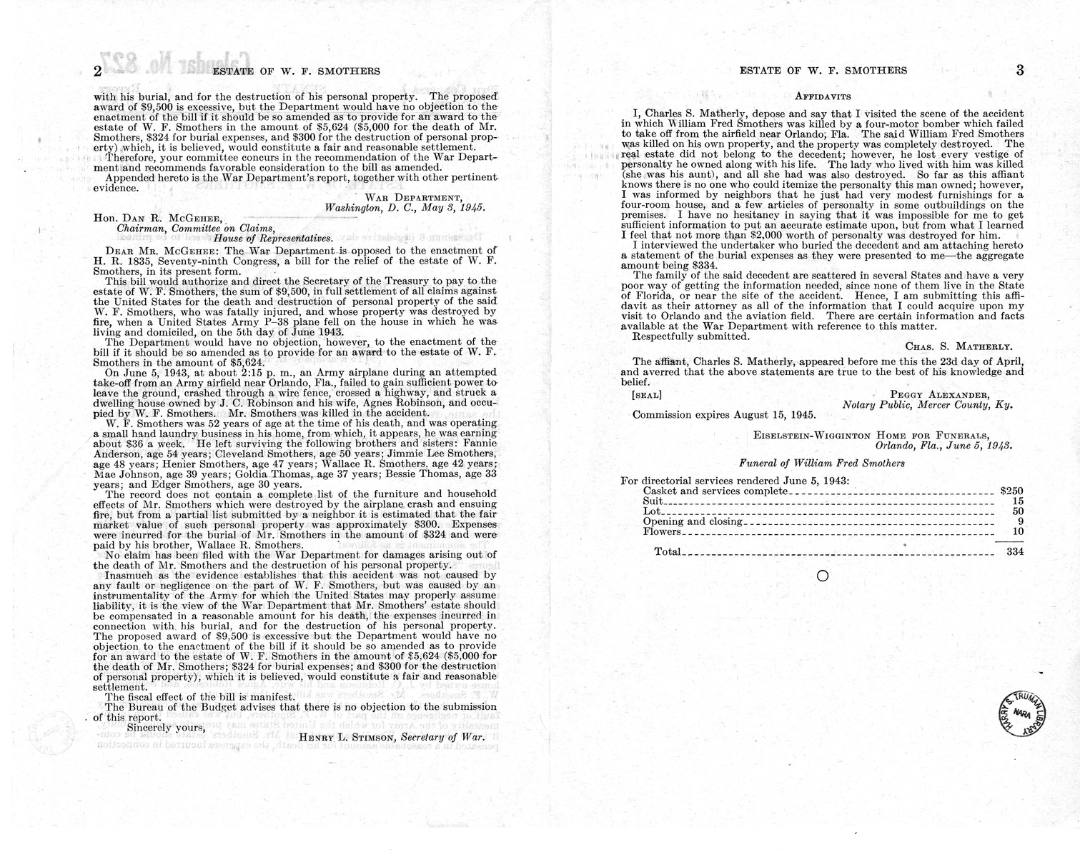 Memorandum from Frederick J. Bailey to M. C. Latta, H.R. 1835, For the Relief of the Estate of W. F. Smothers, with Attachments