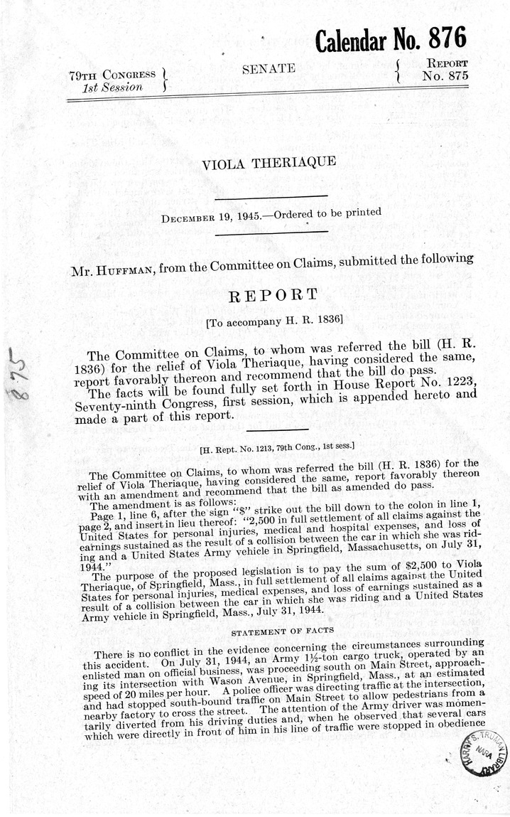 Memorandum from Frederick J. Bailey to M. C. Latta, H.R. 1836, For the Relief of Viola Theriaque, with Attachments