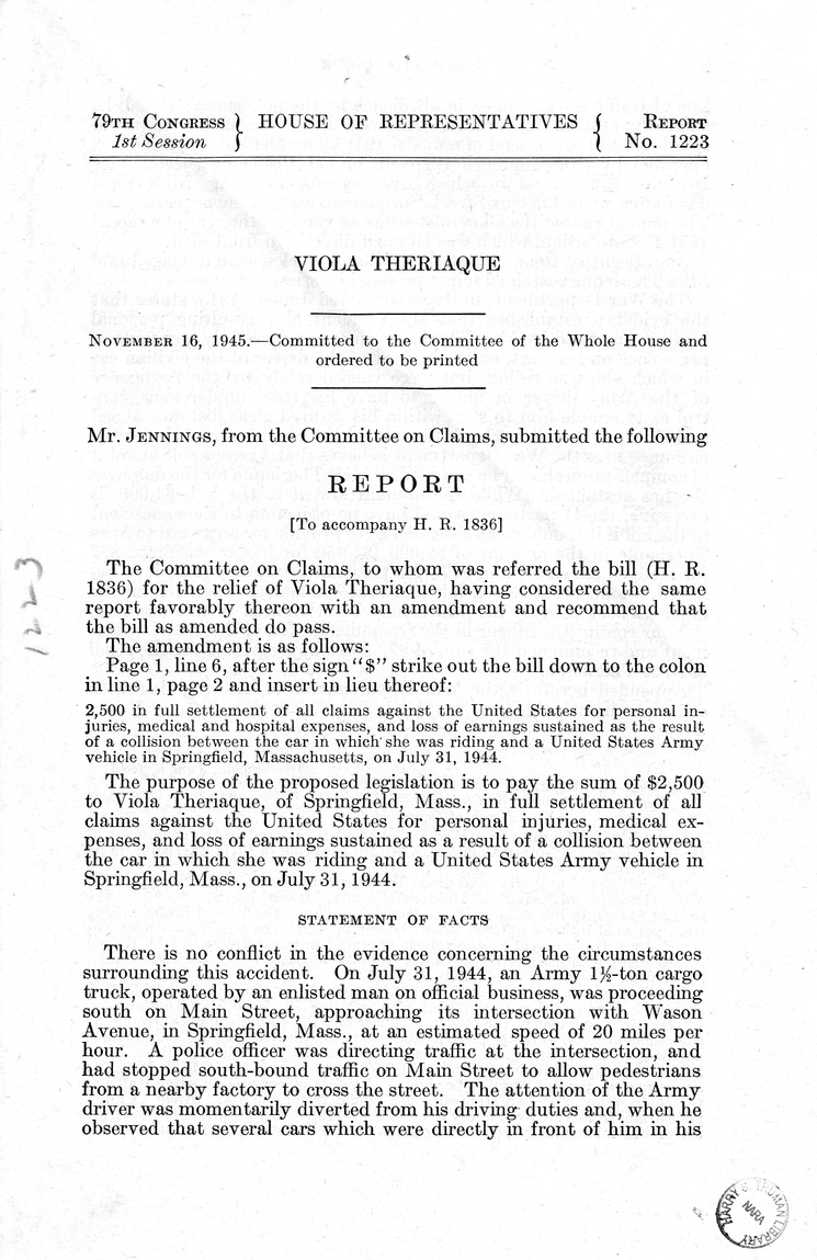 Memorandum from Frederick J. Bailey to M. C. Latta, H.R. 1836, For the Relief of Viola Theriaque, with Attachments
