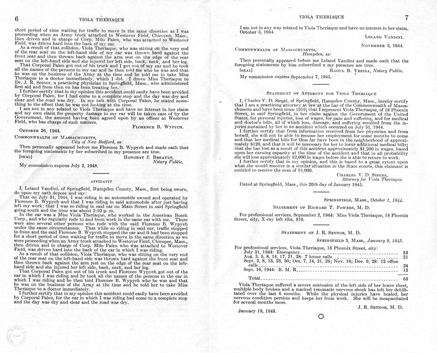 Memorandum from Frederick J. Bailey to M. C. Latta, H.R. 1836, For the Relief of Viola Theriaque, with Attachments