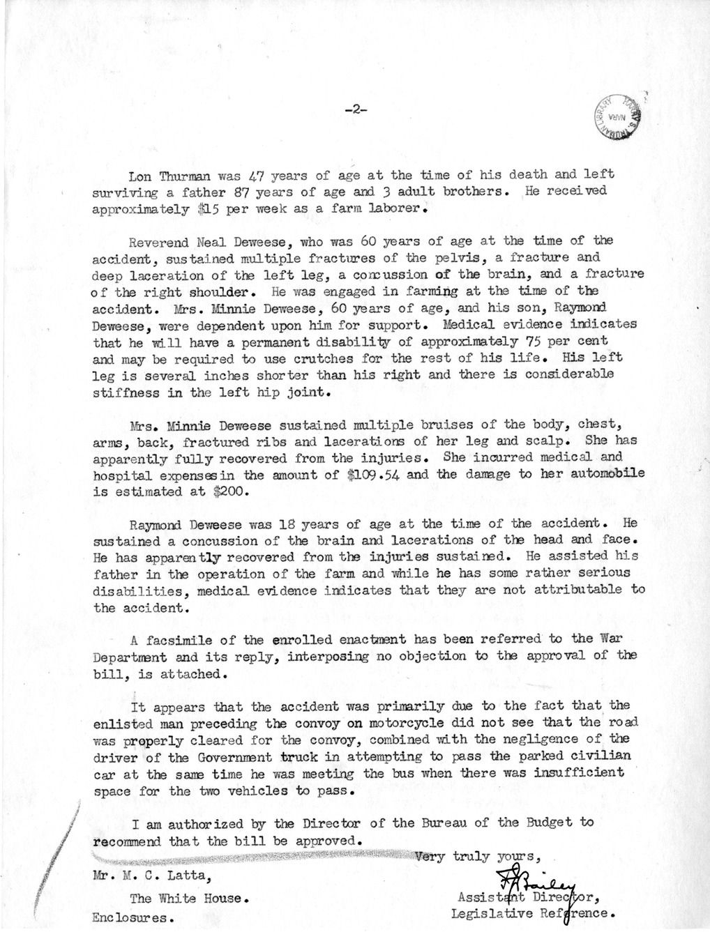 Memorandum from Frederick J. Bailey to M. C. Latta, H.R. 1879, For the Relief of Reverend Neal Deweese, Mrs. Minnie Deweese, Raymond Deweese, and the Estate of Lon Thurman, Deceased, with Attachments