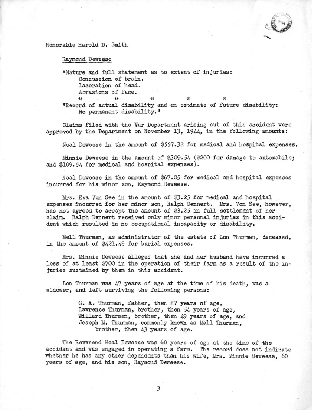 Memorandum from Frederick J. Bailey to M. C. Latta, H.R. 1879, For the Relief of Reverend Neal Deweese, Mrs. Minnie Deweese, Raymond Deweese, and the Estate of Lon Thurman, Deceased, with Attachments